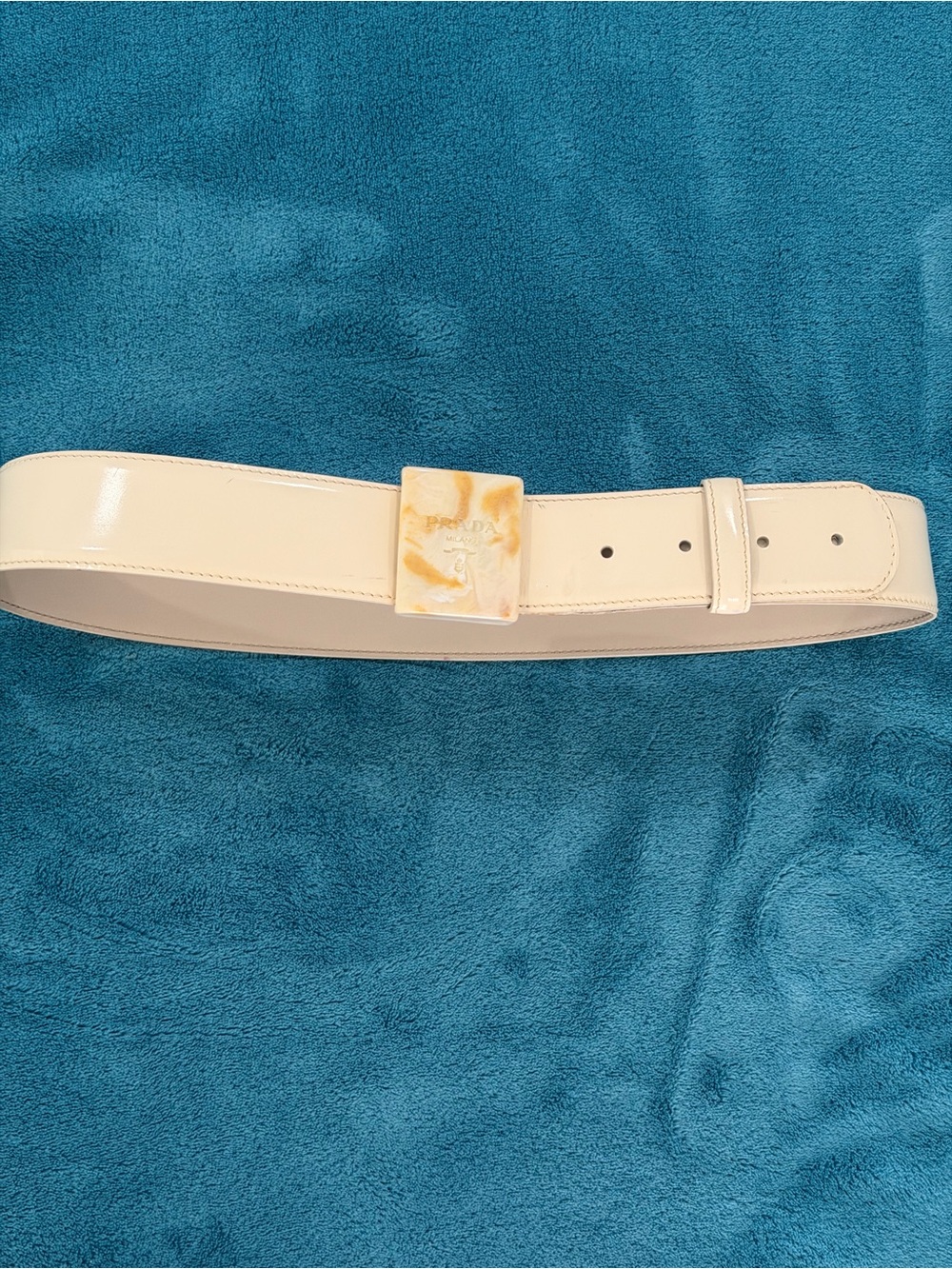 Vintage Prada Milano 90s Cream Patent Leather Resin Buckle Belt